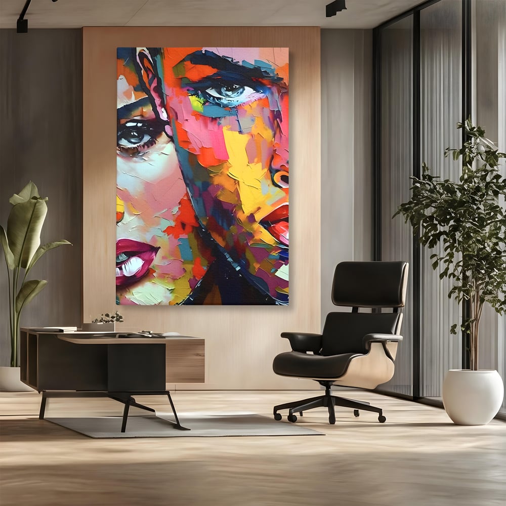 Tablou canvas cu tablou canvas cu chipuri in culori vibrante, fara rama, pe sasiu de lemn, pe perete intr-un birou